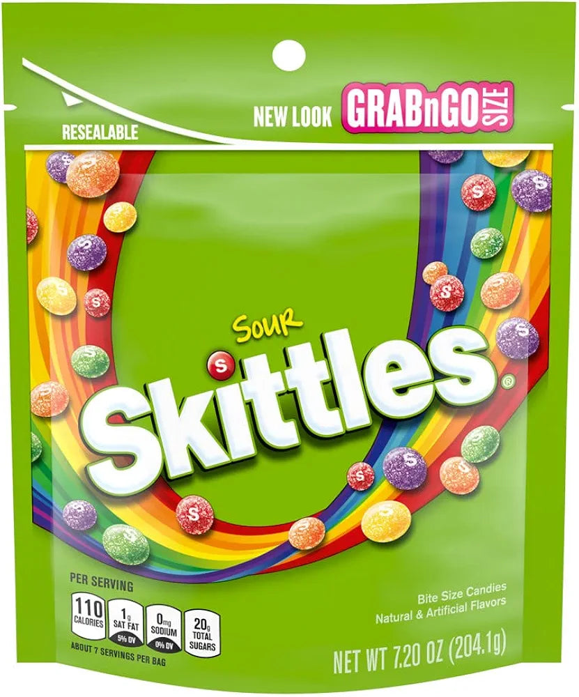 Skittles Sour Candy Resealable Gummy Candy Grab N Go 204.1g