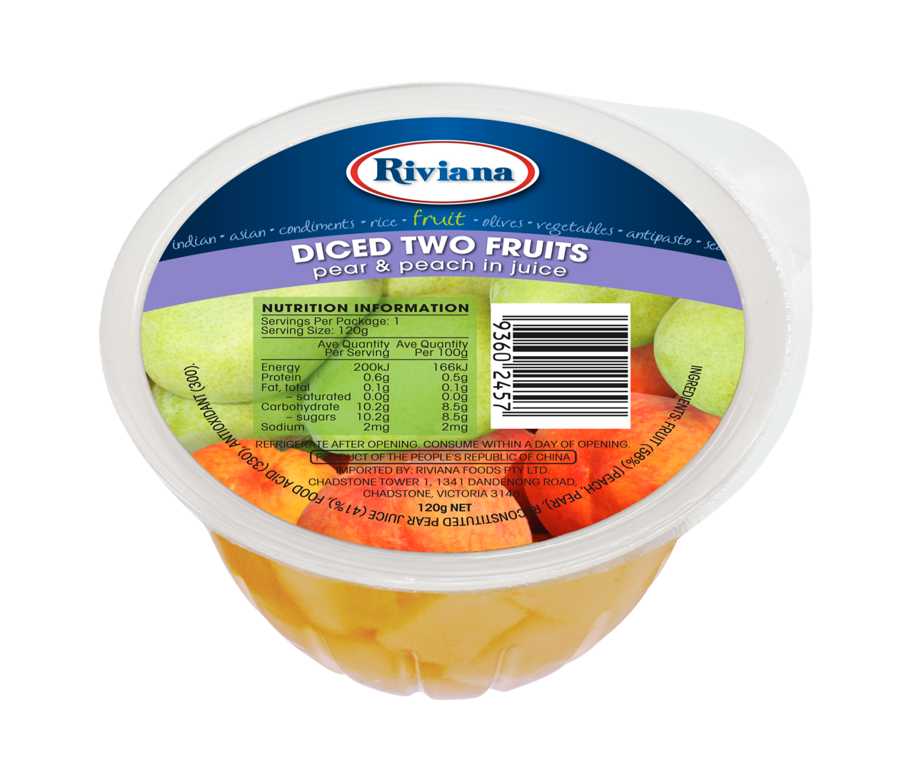 Riviana Diced Two Fruits Pear & Peach 120g