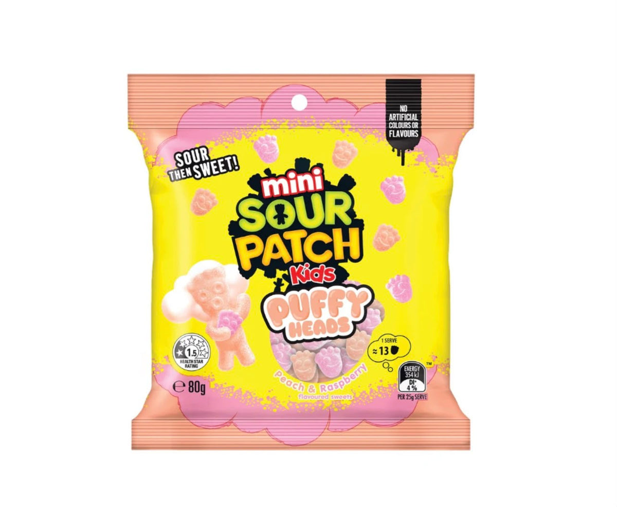 Mini Sour Patch Kids Puffy Heads Peach & Raspberry 80g