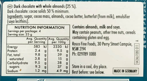 RITTER SPORT Dark Whole Almonds100g